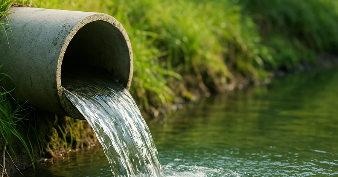 น้ำใสที่ปล่อยออกจากระบบบำบัดของโรงงานไหลผ่านสู่พื้นที่สีเขียว สื่อถึงผลลัพธ์การบำบัดที่มีประสิทธิภาพและเป็นมิตรต่อสิ่งแวดล้อม